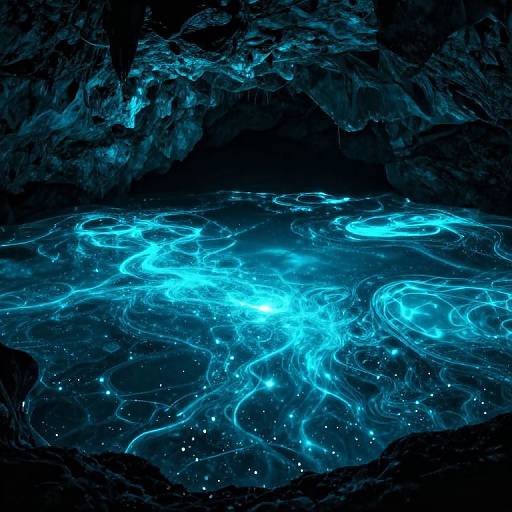 Digital artwork of a glowing, bioluminescent blue cave pool with intricate, neon-like light patterns swirling across dark, rocky surroundings.