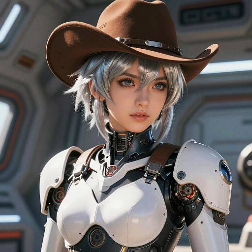 Digital art of a silver-haired woman with blue eyes, wearing a brown cowboy hat and white robotic armor, in a futuristic spaceship.