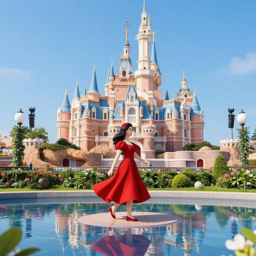 Digital artwork of a woman in a red dress and red heels walking on a reflective pool, with a grand, pink and blue castle in the background under