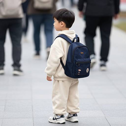 Young Boy in Beige Hoodie on Sidewalk