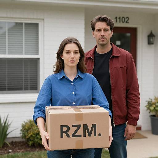 Couple in Front of House with Box