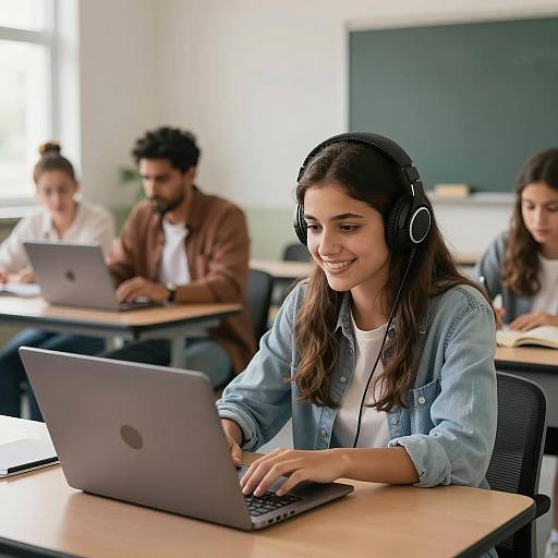 Female Student Using Laptop with Headphones in Classroom
