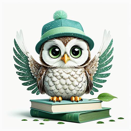 Cute Baby Owl with Blue-Green Wings and Hat