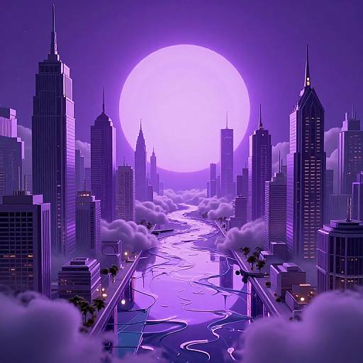 Digital artwork of a neon purple cityscape with skyscrapers, a glowing full moon, and a winding river lined with clouds and palm trees.