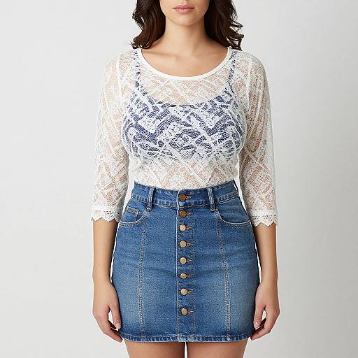 Photograph of a woman with wavy dark hair, wearing a white lace long-sleeve top and blue denim skirt with brown buttons, against a