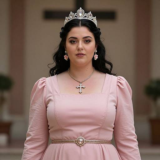 Photograph of a young woman with dark curly hair, wearing a silver tiara, pink dress, cross necklace, and pink earrings, standing in front