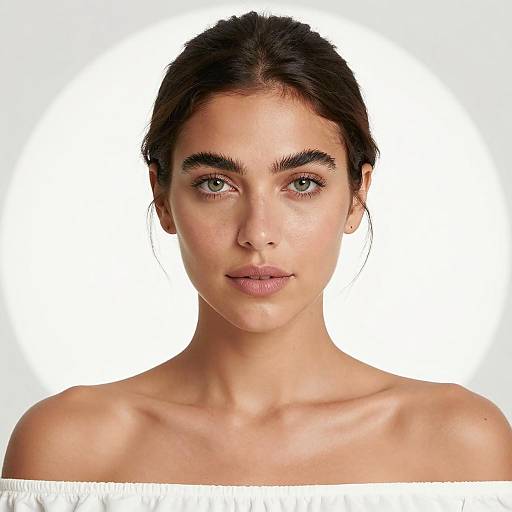 Portrait of Woman with Green Eyes and White Off-Shoulder Top