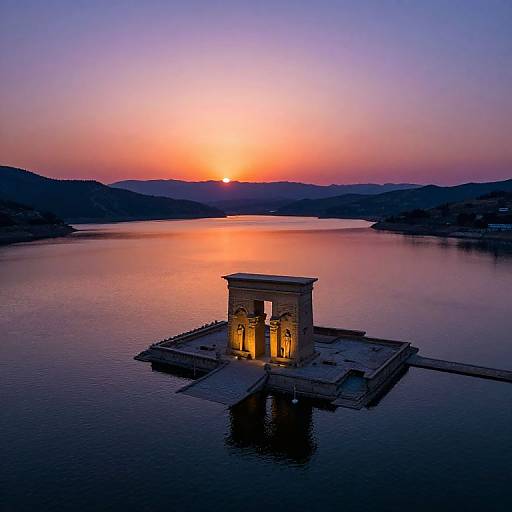 Photograph of a small, illuminated stone boathouse at sunset, reflecting vibrant orange and purple hues on a calm lake surrounded by silhouetted
