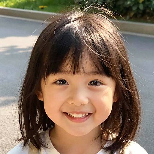 Photograph of a smiling Asian girl with straight, dark brown hair, bangs, and large black eyes, standing on a sunny street.