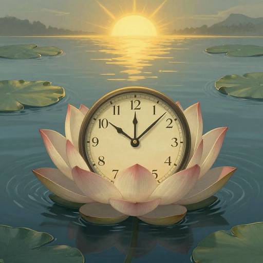 Digital art: A clock face with black hands and numbers, floating in a pink lotus flower, set in a serene lake with lily pads and