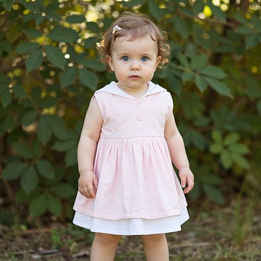Photograph of a curious toddler with blue eyes, wearing a white sleeveless dress with a pink overlay, standing outdoors against a green leafy background.