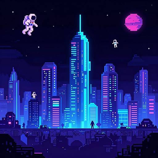 Pixel art of a neon-lit cityscape with glowing skyscrapers, two floating astronauts, and a pink planet in a starry night sky.