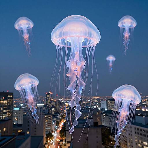 Photograph of glowing jellyfish floating above a city skyline at night, with illuminated buildings and streets below, against a deep blue sky.