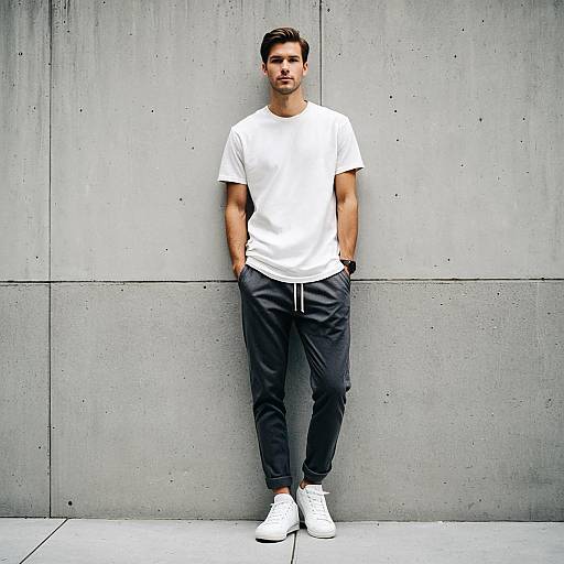 Casual Young Man in White T-Shirt and Dark Pants