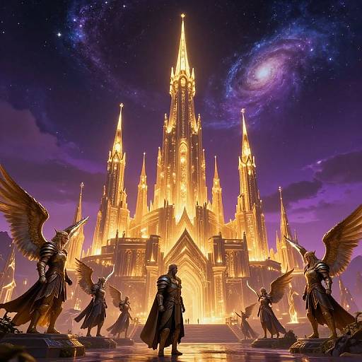Digital fantasy artwork: Silhouetted armored figure with wings stands before glowing golden castle, surrounded by winged warriors, under starry, galaxy-filled