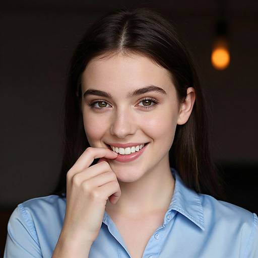 Photograph of a smiling young woman with straight dark brown hair, fair skin, and blue eyes, wearing a light blue button-up shirt, against a