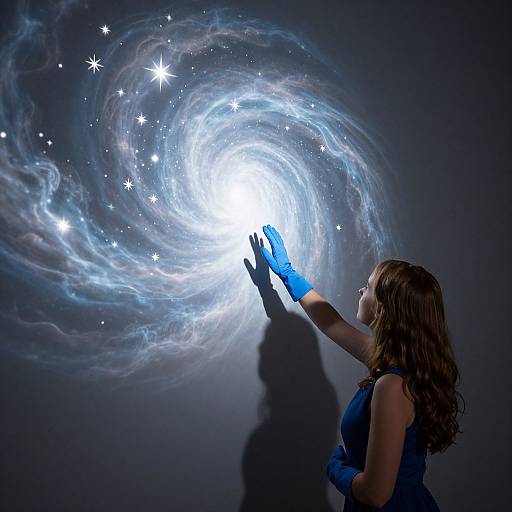 Photograph of a woman in a blue dress and gloves, reaching towards a swirling galaxy of stars and light in a dark background.