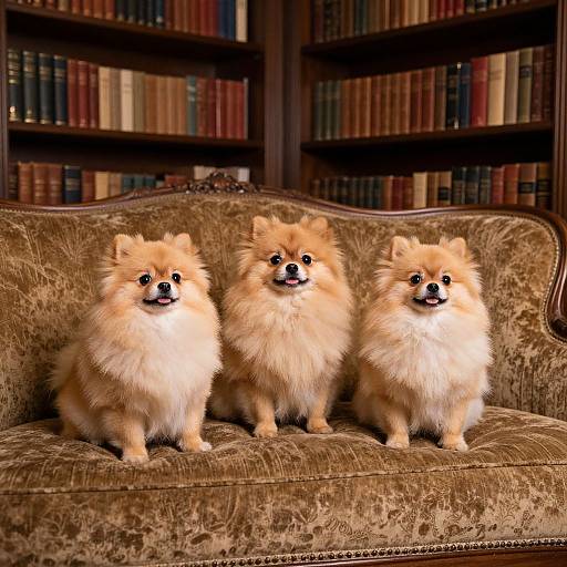 Photograph of three fluffy Pomeranians with golden-tan fur sitting on a brown, vintage velvet couch in a library with filled bookshelves