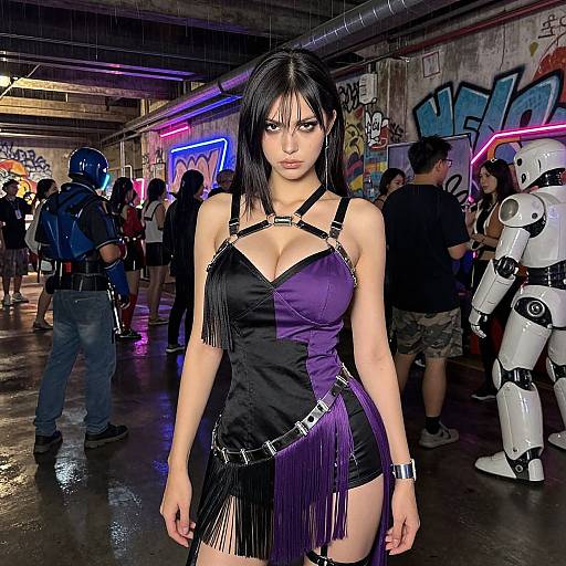 Photograph of a young woman with black hair, wearing a black and purple fringe dress, standing in a neon-lit, graffiti-covered urban underground club