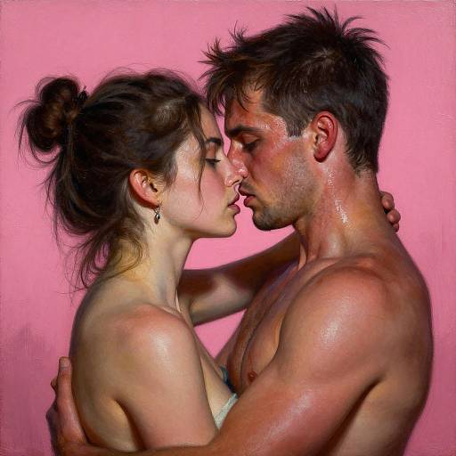 Photograph of a shirtless, sweaty, muscular man and woman with dark hair in a bun, kissing against a pink background. Her hand on his