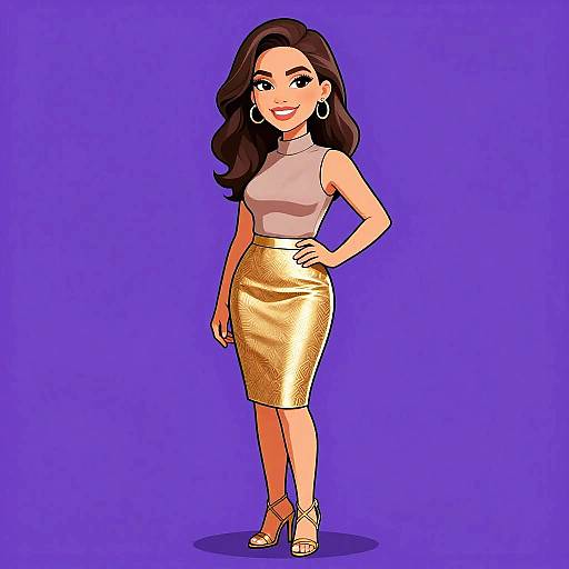 Cartoon-style illustration of a smiling woman with long brown hair, wearing a sleeveless beige top, gold textured skirt, and white high heels, standing