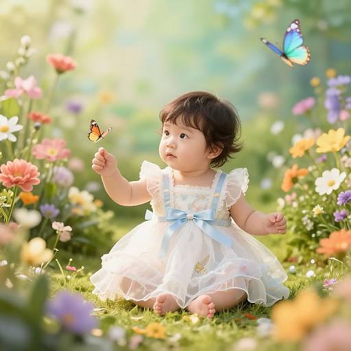 Photograph of an adorable Asian baby girl in a white, ruffled dress, sitting in a sunlit, colorful garden, reaching for a butterfly with