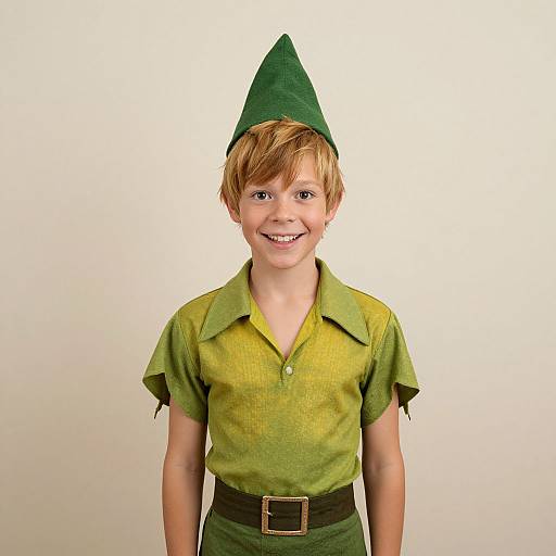 Photograph of a smiling young boy with light brown hair, wearing a green elf costume with pointed hat, short-sleeved shirt, and dark green