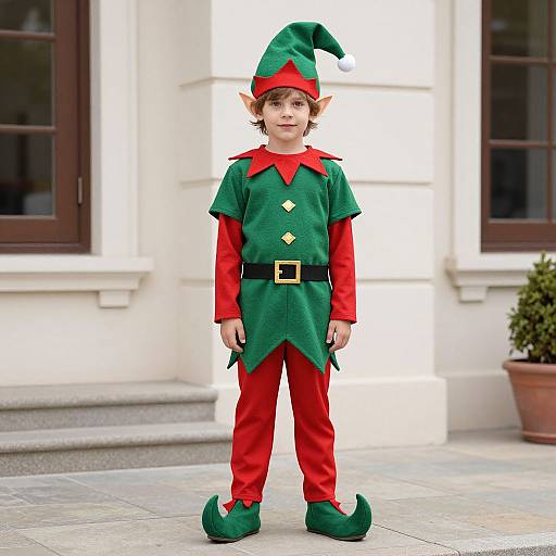 Photograph of a young boy with curly hair, dressed as a green and red elf, standing outside a white building.
