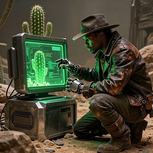 Photograph of a dark-skinned man in a leather jacket and cowboy hat, crouching in a desert, operating a glowing green holographic c