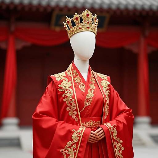 Photograph of a white faceless mannequin wearing a gold-crowned red Chinese imperial robe with intricate gold embroidery, standing in front of a traditional