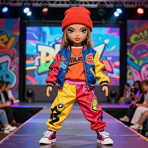 Digital doll on a colorful runway, wearing a red beanie, orange shirt, blue jacket, yellow and red pants, white sneakers, and large hoop