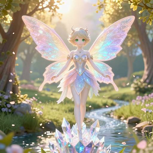 Digital artwork of a glowing fairy with translucent wings, green eyes, and silver dress, standing on crystals in a sunlit forest.