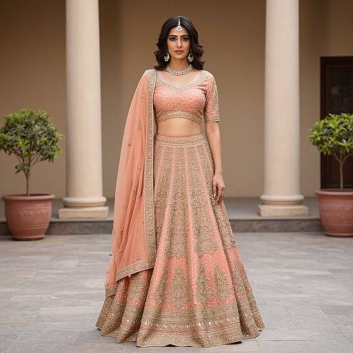 Indian woman in peach and gold traditional lehenga with intricate embroidery, matching dupatta, and jewelry, standing outdoors against columns and potted plants. Photograph