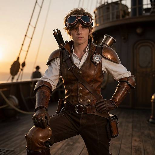 Photograph of a young man in steampunk pirate attire, with brown leather armor, goggles, white shirt, and shipyard sunset background.