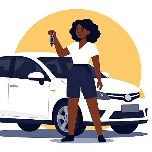 Digital illustration of a dark-skinned woman with curly hair, wearing a white shirt and navy shorts, holding car keys, standing in front of a white