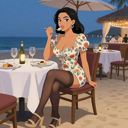 Digital illustration of a curvy woman with black hair, floral dress, black stockings, and heels, dining at a beachside restaurant.