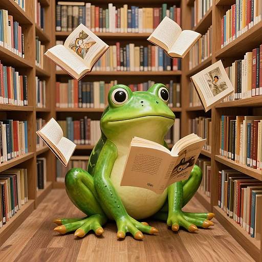 Photograph of a green frog with large eyes, sitting in a library aisle, reading a book with four floating pages.