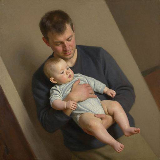 Photograph of a light-skinned man with short brown hair, wearing a dark blue long-sleeve shirt, holding a smiling, light-skinned