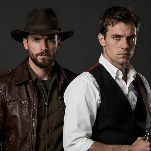 Serious rugged men with vintage clothing and rifle