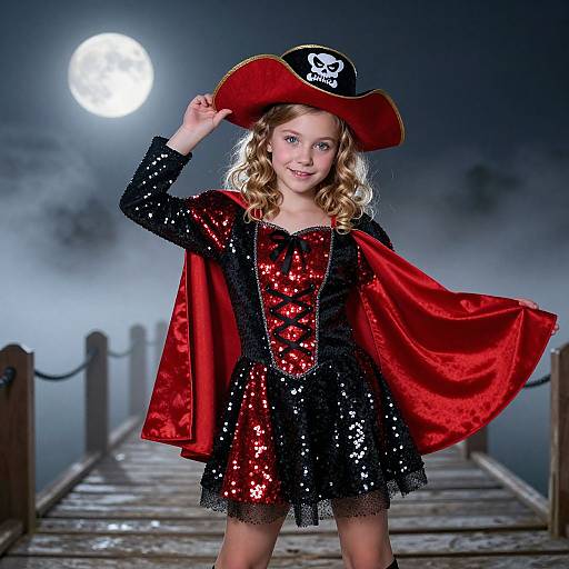 Photograph of a smiling young girl with curly blonde hair, wearing a pirate hat, red velvet cape, and black sequin dress, standing on a