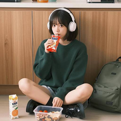 Casual Asian Girl Snacking at Home
