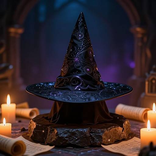 Photograph of a black, ornately swirled witch hat on a stand, surrounded by glowing candles and parchment scrolls in a dim, blue-l