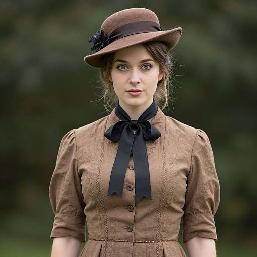 Photograph of a fair-skinned woman with brown eyes, wearing a brown Edwardian dress with black ribbon bow, and brown hat with black feather,