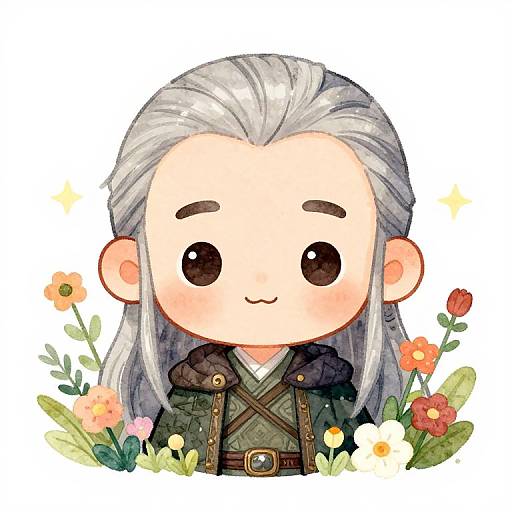 Chibi-style digital drawing of a cute, smiling character with long silver hair, wearing a dark green cloak, surrounded by colorful flowers.