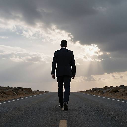 Photograph of a silhouette man in a suit walking down a deserted road under a cloudy sky with sunlight breaking through.