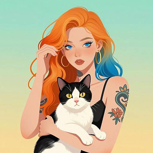 Vibrant Woman with Cat Illustration