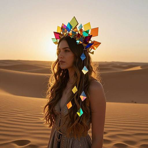 Photograph of a woman with long wavy brown hair wearing a colorful geometric crown, standing in a golden desert at sunset.
