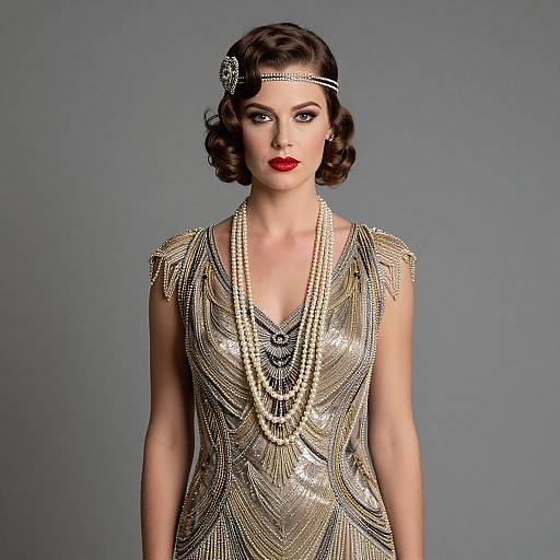 Vintage-style photograph of a fair-skinned woman with red lipstick, wearing a sparkling, silver beaded dress, layered pearl necklaces, and a head