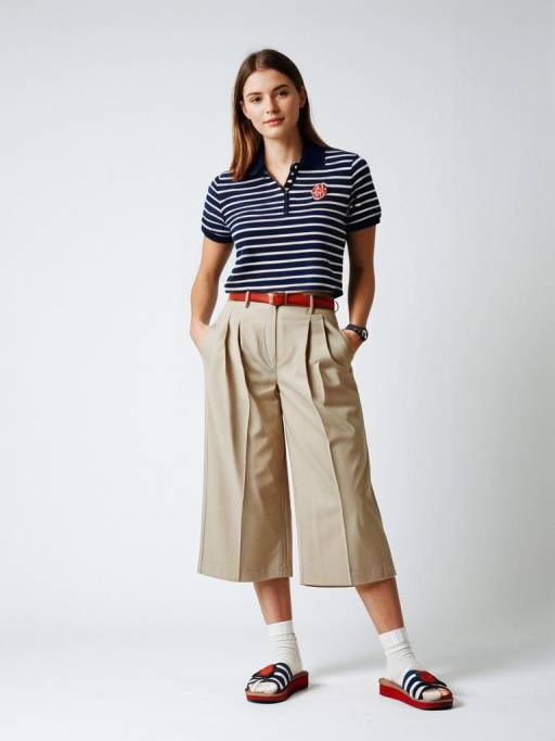 Casual Preppy Woman in Striped Polo and Tan Trousers
