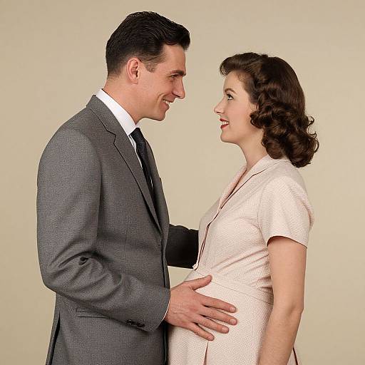Photograph of a pregnant woman in a white dress facing a smiling man in a gray suit, both looking at each other against a plain beige background.